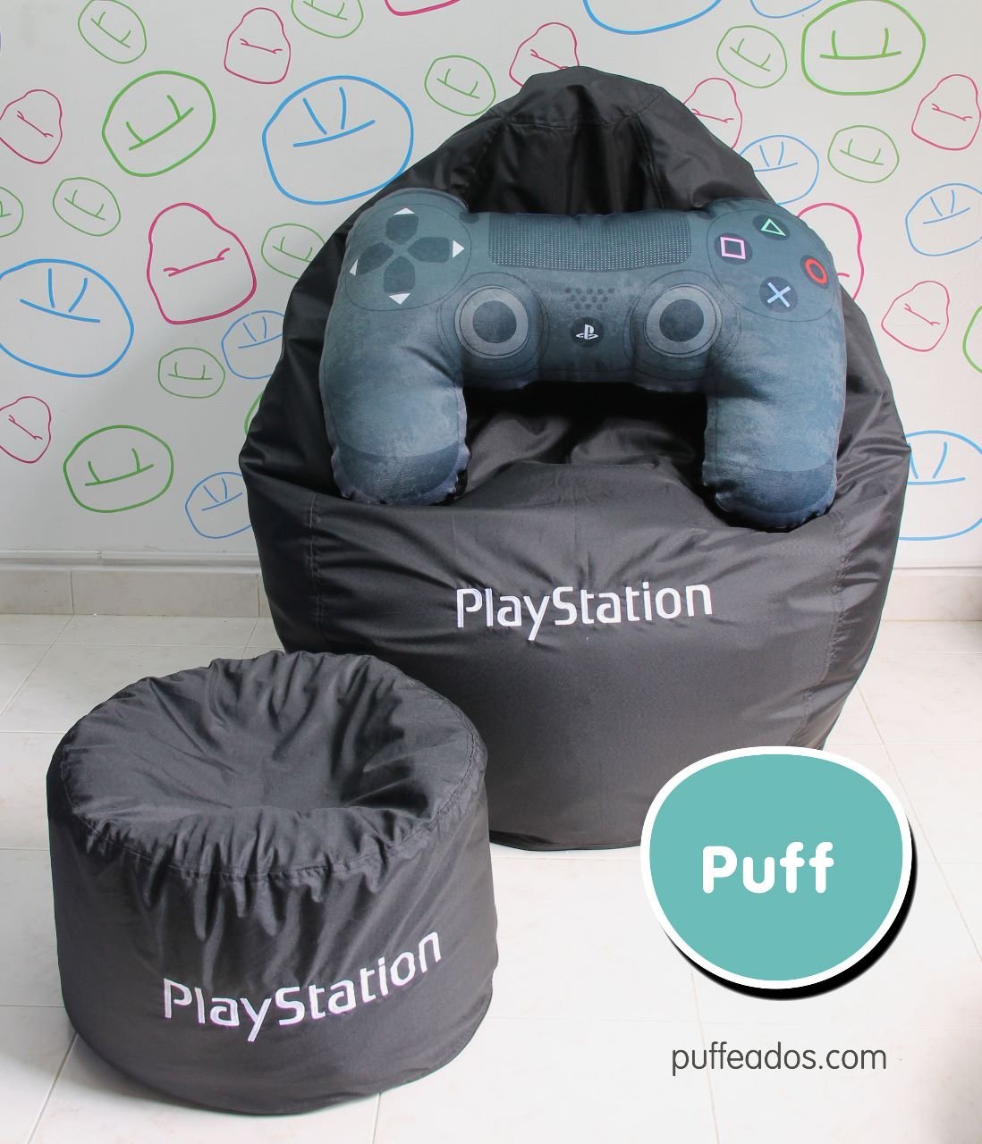 Puff Gamers PlayStation + Cojín Control + Descansa píes personalizado